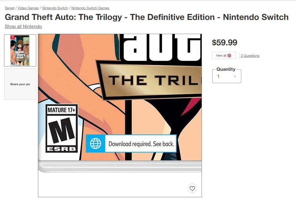 The physical version of GTA Trilogy on Switch needs a separate download