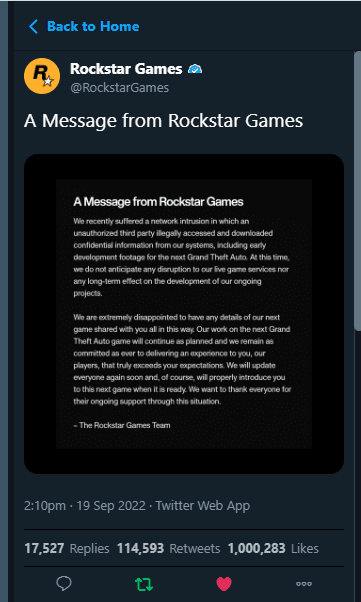 Rockstar Games GTA 6 statement passes 1 Million likes, becomes most liked  gaming tweet - RockstarINTEL
