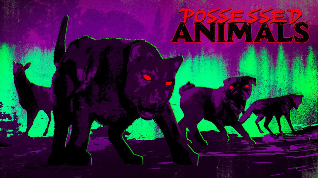 Alt Text: Promotional artwork for GTA Online featuring a group of Possessed Animals—including a panther or cougar, a pug dog, a wolf or coyote, and a deer—with glowing red eyes and dark silhouettes against a striking background of electric purple and bright neon green. The title "POSSESSED ANIMALS" is displayed in a bloody red, jagged font