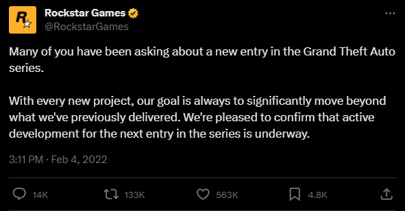 Tweet Announcing GTA 6 Trailer Release Is Already Breaking Records