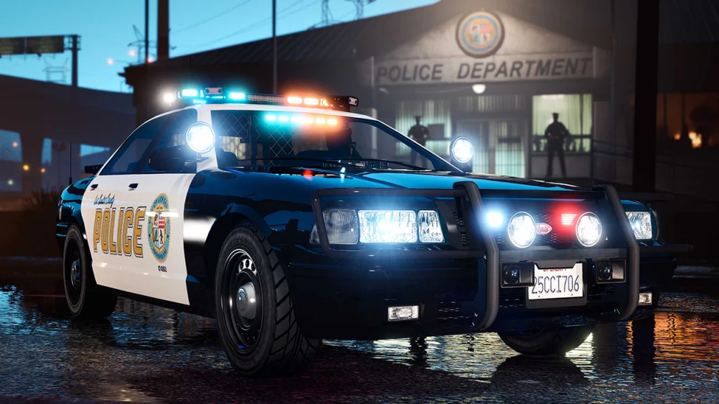 this is a screenshot from gta online. it is a police car with lights on and behind it is a police department. two officers that are a silhouette look at the car. 