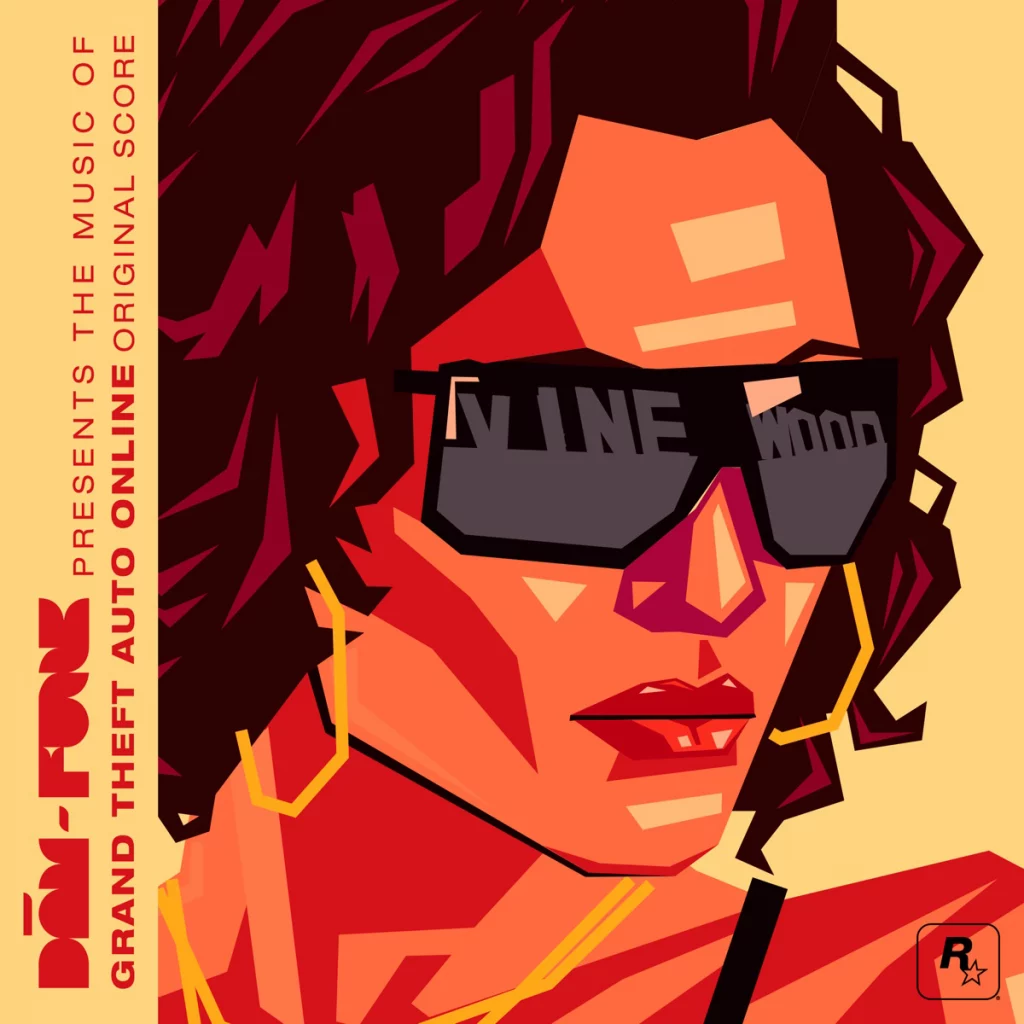 DāM - FunK Presents the Music of Grand Theft Auto Online (Original Score) written on its side to the left. the main image is a woman wearing sunglasses. it is a stylised art look. in the reflection of her glasses is the vinewood sign.