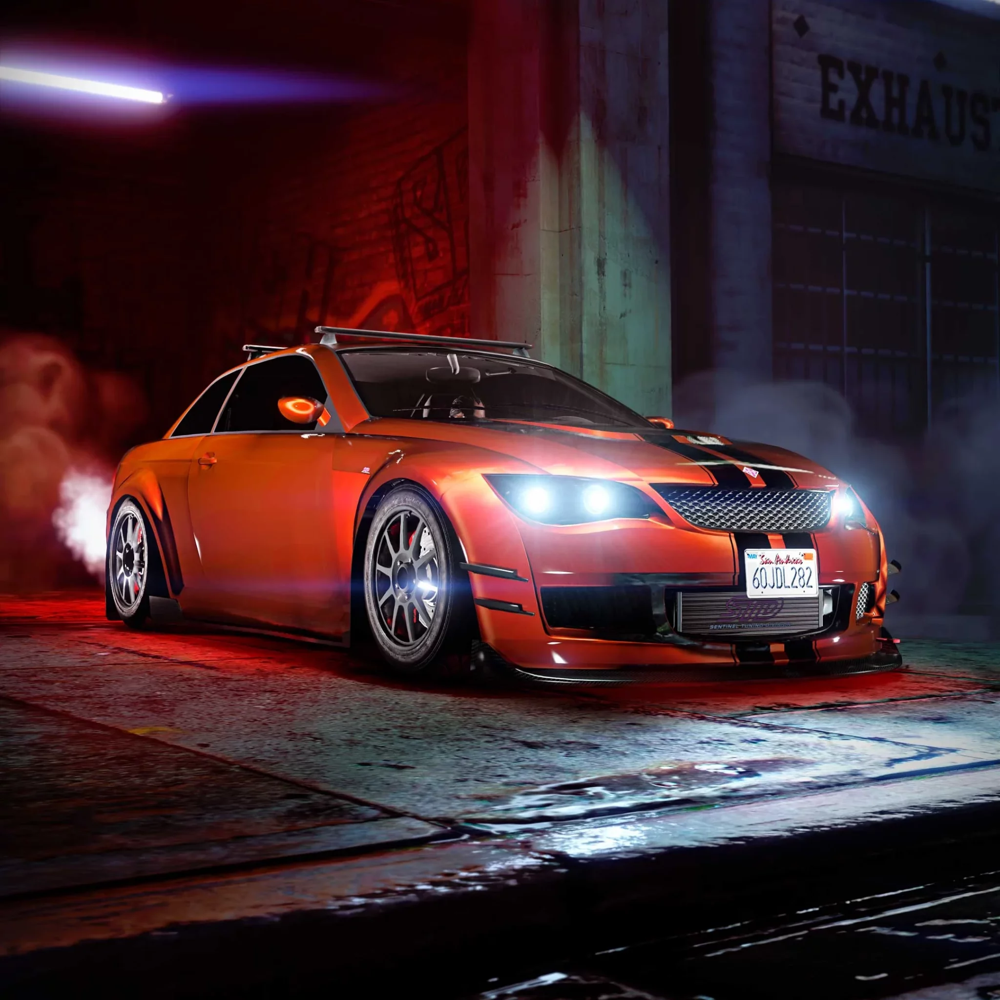 A custom, vibrant purple and blue Karin S95 sports car is showcased in a dimly lit setting with a red glow emanating from the background, highlighting its sleek design and modifications. The vehicle features custom "Atomic" and "Hardstand" decals, a wide body kit, and white wheels with "Atomic" branding, emphasizing the extensive customization available for the Karin S95 in Grand Theft Auto Online.