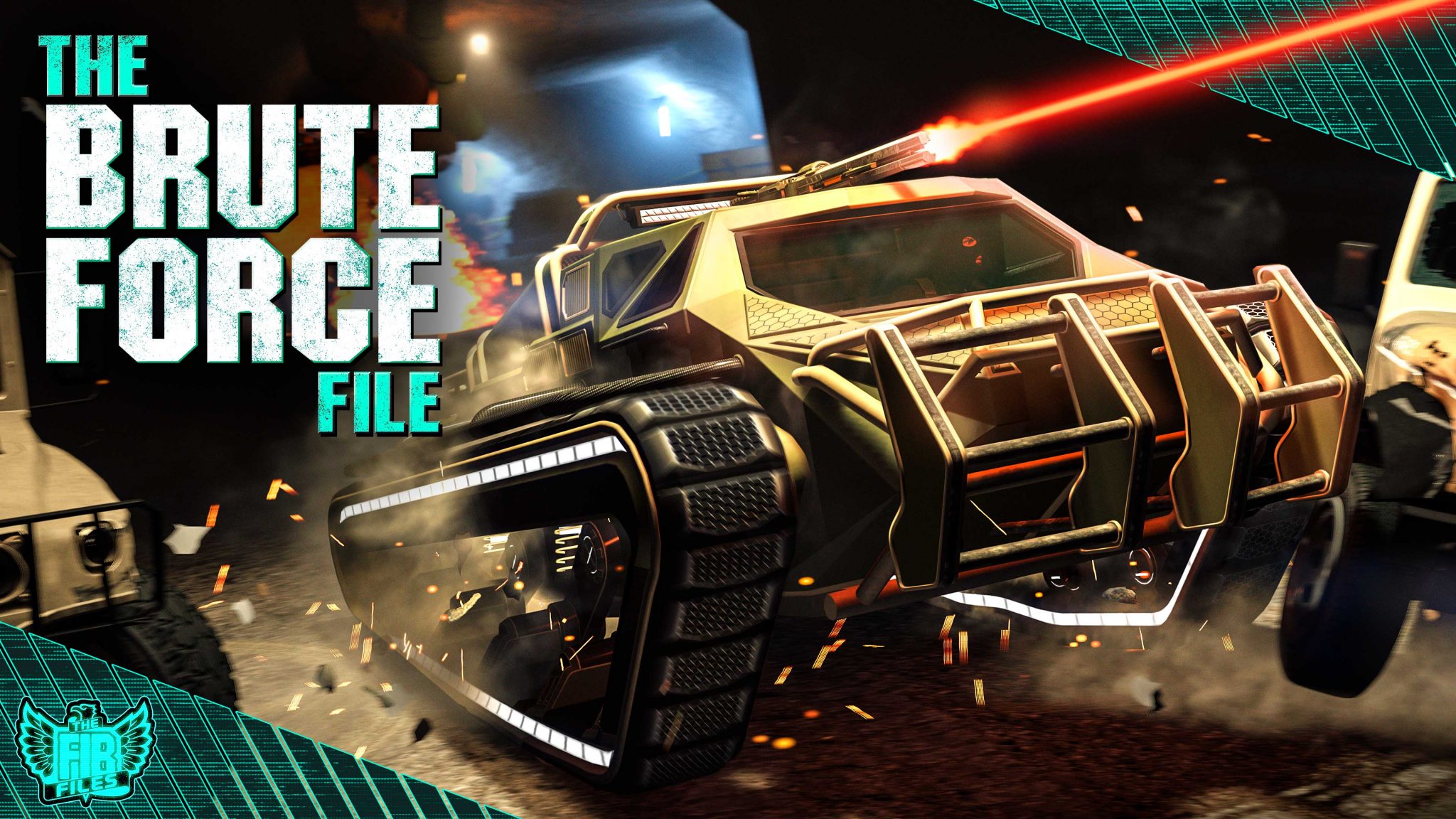A heavily armored, futuristic military vehicle, a Scarab, is prominently featured in this GTA V screenshot from. A mounted machine gun on its roof is firing a bright red beam. The title text "THE BRUTE FORCE FILE" is overlaid on the left side of the image in a bold, distressed white font.