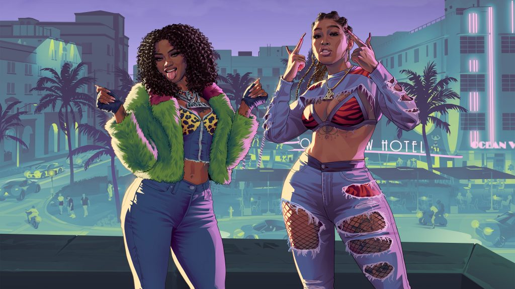GTA 6 artwork showing rap duo Real Dimez in front of hotel