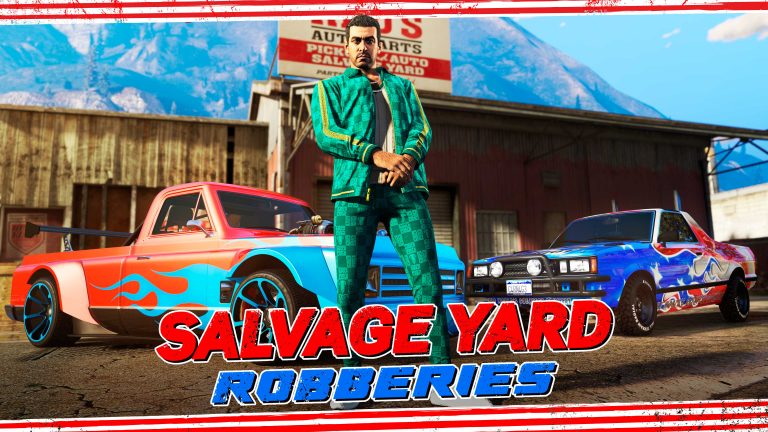A promotional image for the GTA Online event "Salvage Yard Robberies." The image features the character Yusuf Amir, who is wearing a green patterned tracksuit, standing confidently between two customized, brightly colored cars.