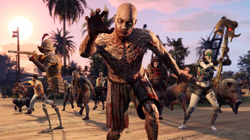 Promotional key art for the Cayo Perico Survival mode in GTA Online, showcasing a horde of themed zombies attacking the player characters on the tropical island. In the foreground, a shirtless, blood-covered zombie lurches toward the camera, flanked by a character in a gold Spanish Conquistador skeleton armor holding a musket, and another character in brightly-colored clothes and a skull mask holding a staff with a horned skull on top. Various other unique zombies and a wild boar are visible in the chaotic, sunlit background.