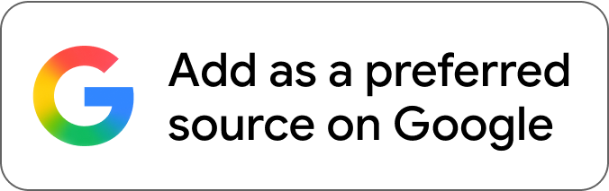"G" Google multi-coloured logo on the left and "Add as a preferred source on Google" in black text on a white background to the right of it.