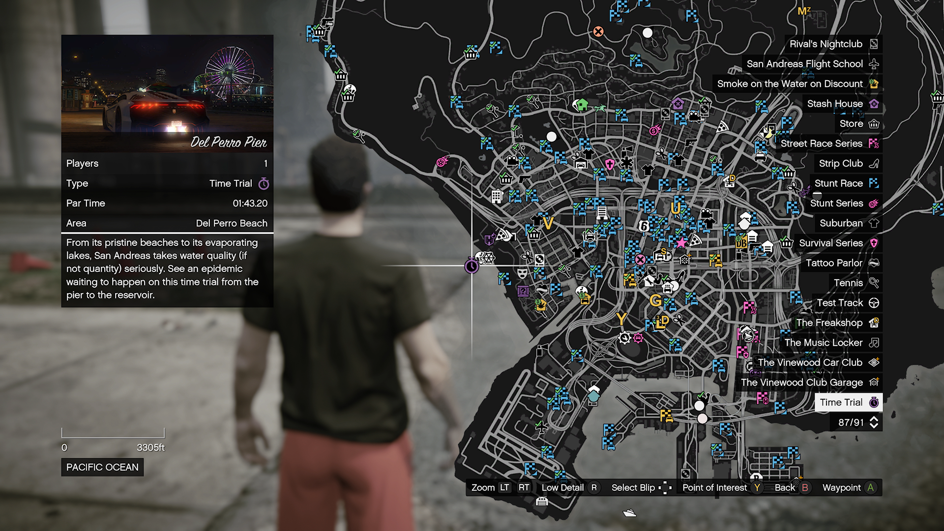 GTA V map of the Time Trial location which is Del Perro Beach.