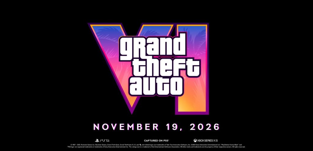 The GTA VI logo on a black background. November 19th, 2026 is written below it.