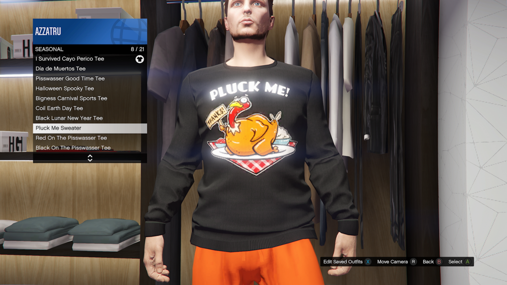 GTA Online character wearing a Pluck Me Sweater