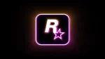 The official logo for Rockstar Games, featuring a stylized capital letter 'R' with a five-pointed star beneath it, all enclosed within a rounded square outline. The design is rendered in white and pink neon glow effects with a yellow outline against a solid black background.