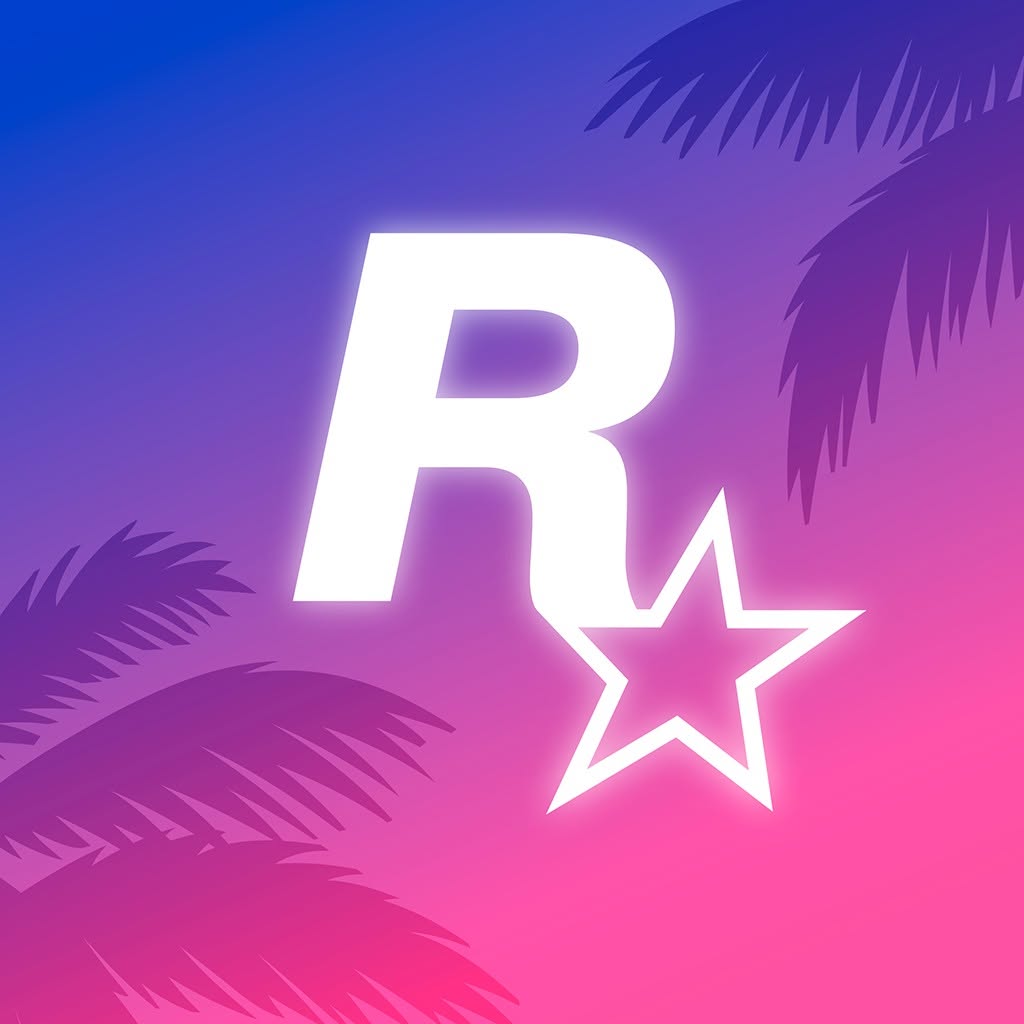 Rockstar Games logo with a glowing white "R" and star symbol set against a Vice City-inspired background. The backdrop features a vibrant pink, purple, and blue neon color gradient adorned with dark silhouettes of palm tree fronds in the corners, teasing Grand Theft Auto VI (GTA 6).