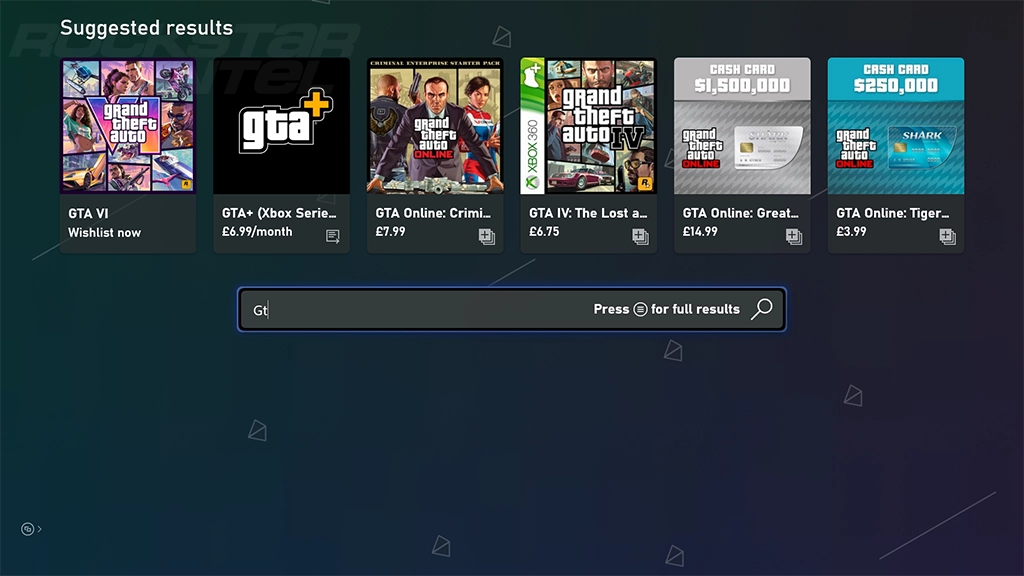 Xbox Store search results for Rockstar Games titles, showing a search bar with "Gt" typed in. Featured "Suggested results" tiles include GTA VI (with a "Wishlist now" option featuring the game's cover art), GTA+ subscription for Xbox Series X|S, GTA Online: Criminal Enterprise Starter Pack, GTA IV: The Lost and Damned featuring Niko Bellic, and Shark Cash Cards for Grand Theft Auto Online.