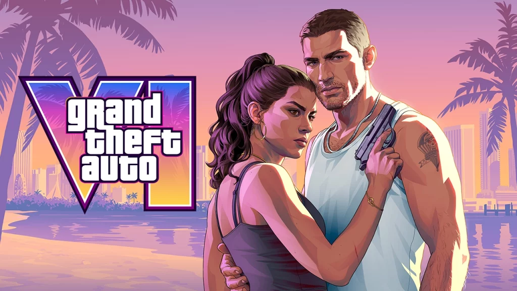 Official character key art for Grand Theft Auto VI (GTA 6) featuring the main protagonists, Lucia and Jason, standing close together on a beach in Vice City. Lucia wears a dark tank top with her hair tied back in a ponytail, while Jason wears a white tank top. Lucia holds a semi-automatic handgun near his chest. The background displays a tropical beach setting at sunset with a pink and orange sky, palm tree silhouettes, and the Vice City skyline across the water. The GTA 6 logo is off to the left side.