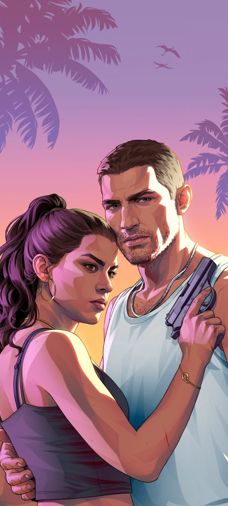 Official character key art for Grand Theft Auto VI (GTA 6) featuring the main protagonists, Lucia and Jason, standing close together on a beach in Vice City. Lucia wears a dark tank top with her hair tied back in a ponytail, while Jason wears a white tank top. Lucia holds a semi-automatic handgun near his chest. The background displays a tropical beach setting at sunset with a pink and orange sky, palm tree silhouettes, and the Vice City skyline across the water.