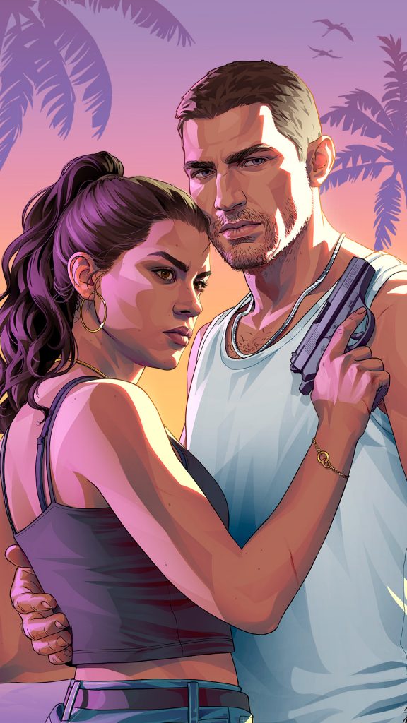 Official character key art for Grand Theft Auto VI (GTA 6) featuring the main protagonists, Lucia and Jason, standing close together on a beach in Vice City. Lucia wears a dark tank top with her hair tied back in a ponytail, while Jason wears a white tank top. Lucia holds a semi-automatic handgun near his chest. The background displays a tropical beach setting at sunset with a pink and orange sky, palm tree silhouettes, and the Vice City skyline across the water.