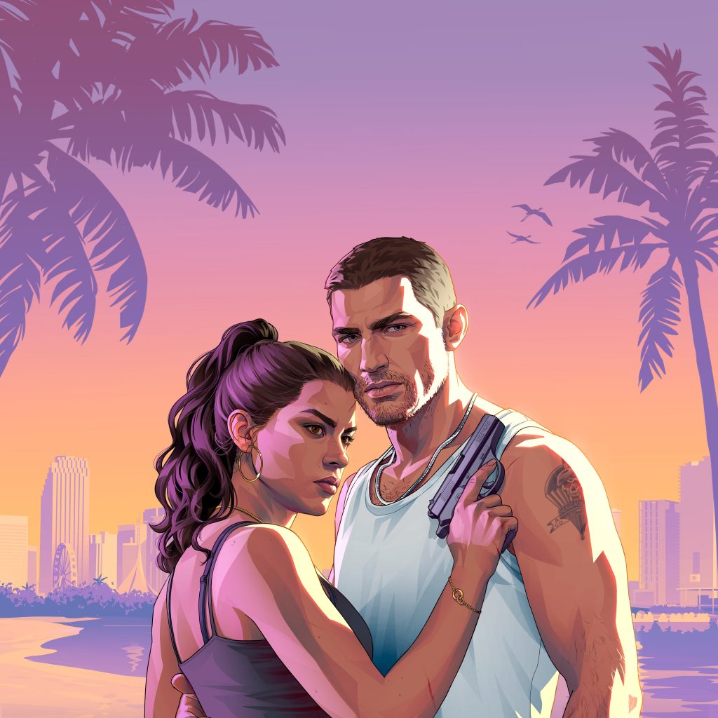 Official character key art for Grand Theft Auto VI (GTA 6) featuring the main protagonists, Lucia and Jason, standing close together on a beach in Vice City. Lucia wears a dark tank top with her hair tied back in a ponytail, while Jason wears a white tank top. Lucia holds a semi-automatic handgun near his chest. The background displays a tropical beach setting at sunset with a pink and orange sky, palm tree silhouettes, and the Vice City skyline across the water.