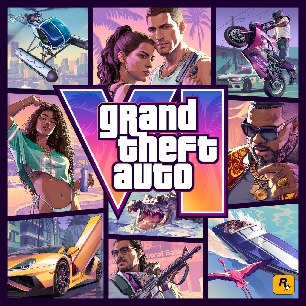 Official cover art for Grand Theft Auto VI (GTA 6) featuring a collage of Vice City characters and vehicles surrounding the game's logo. In the top-center panel, the main protagonists Lucia and Jason stand together, with Lucia holding a pistol. Other panels showcase a seaplane flying over the city, a high-speed speedboat with a pink flamingo flying nearby, a man in a white suit holding an assault rifle, a woman in a green crop top standing in front of a building, a yellow sports car with scissor doors open on a neon-lit street, an alligator in the water, a man wearing sunglasses and heavy gold chains, and a person performing a wheelie on a pink motorcycle while fleeing a police car. The central "Grand Theft Auto VI" logo features a vibrant pink and orange gradient with palm tree silhouettes.