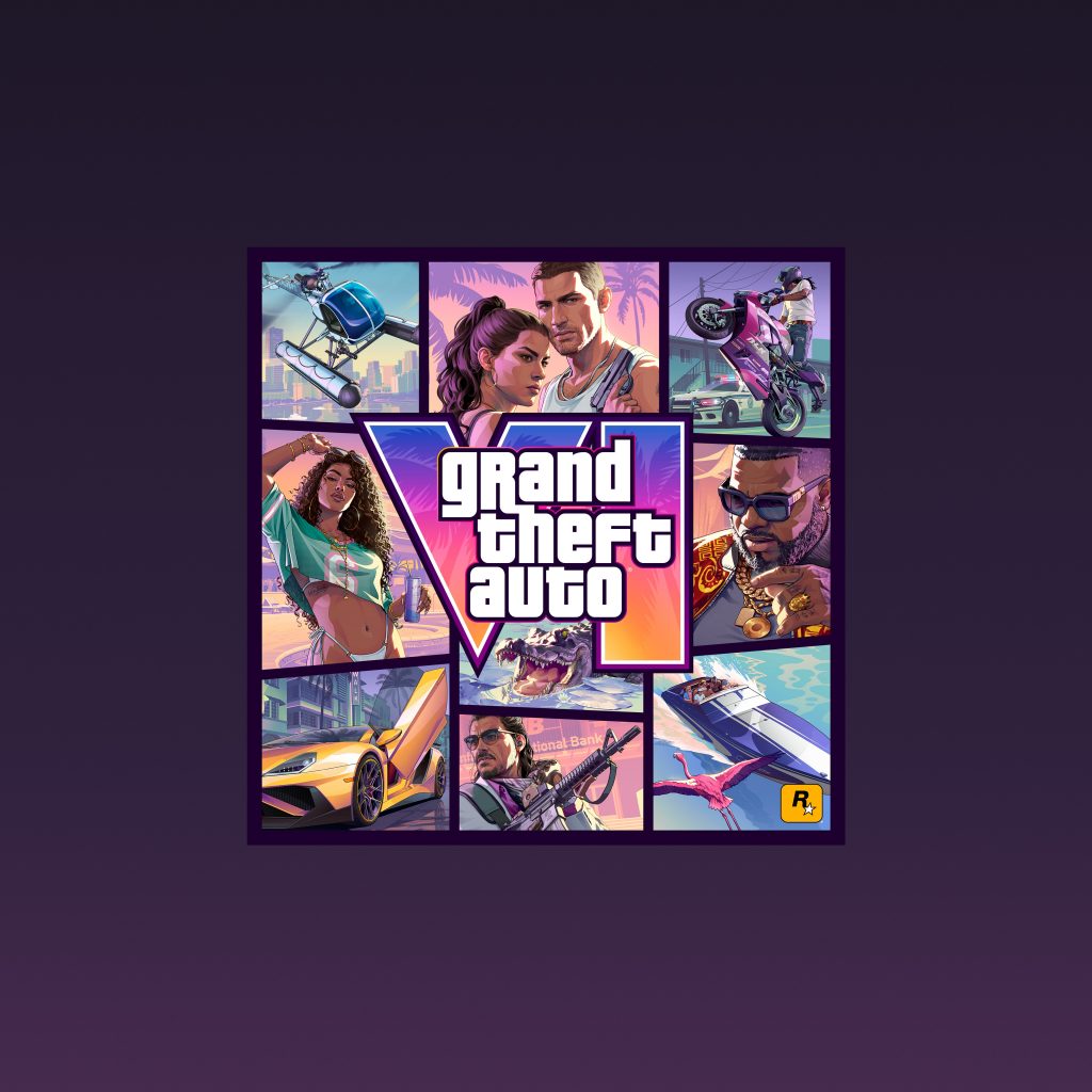Official cover art for Grand Theft Auto VI (GTA 6) featuring a collage of Vice City characters and vehicles surrounding the game's logo. In the top-center panel, the main protagonists Lucia and Jason stand together, with Lucia holding a pistol. Other panels showcase a seaplane flying over the city, a high-speed speedboat with a pink flamingo flying nearby, a man in a white suit holding an assault rifle, a woman in a green crop top standing in front of a building, a yellow sports car with scissor doors open on a neon-lit street, an alligator in the water, a man wearing sunglasses and heavy gold chains, and a person performing a wheelie on a pink motorcycle while fleeing a police car. The central "Grand Theft Auto VI" logo features a vibrant pink and orange gradient with palm tree silhouettes.