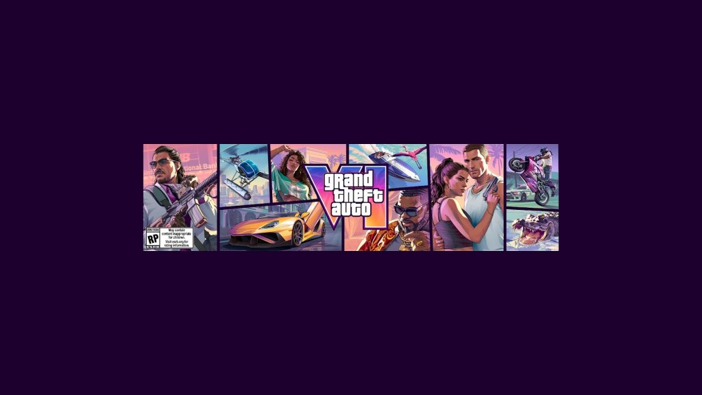 Official cover art for Grand Theft Auto VI (GTA 6) featuring a collage of Vice City characters and vehicles surrounding the game's logo. In the top-center panel, the main protagonists Lucia and Jason stand together, with Lucia holding a pistol. Other panels showcase a seaplane flying over the city, a high-speed speedboat with a pink flamingo flying nearby, a man in a white suit holding an assault rifle, a woman in a green crop top standing in front of a building, a yellow sports car with scissor doors open on a neon-lit street, an alligator in the water, a man wearing sunglasses and heavy gold chains, and a person performing a wheelie on a pink motorcycle while fleeing a police car. The central "Grand Theft Auto VI" logo features a vibrant pink and orange gradient with palm tree silhouettes.