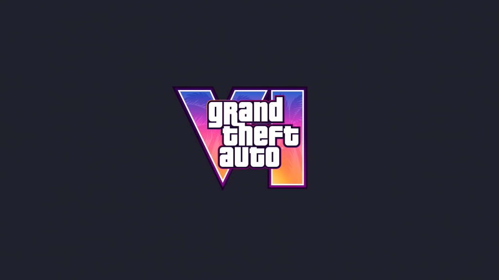 Official Grand Theft Auto VI (GTA 6) game logo centered against a dark grey background. The white, classic "Grand Theft Auto" text is layered over a large Roman numeral "VI", which features a vibrant neon pink, purple, and orange sunset gradient filled with tropical palm tree silhouettes representing Vice City.