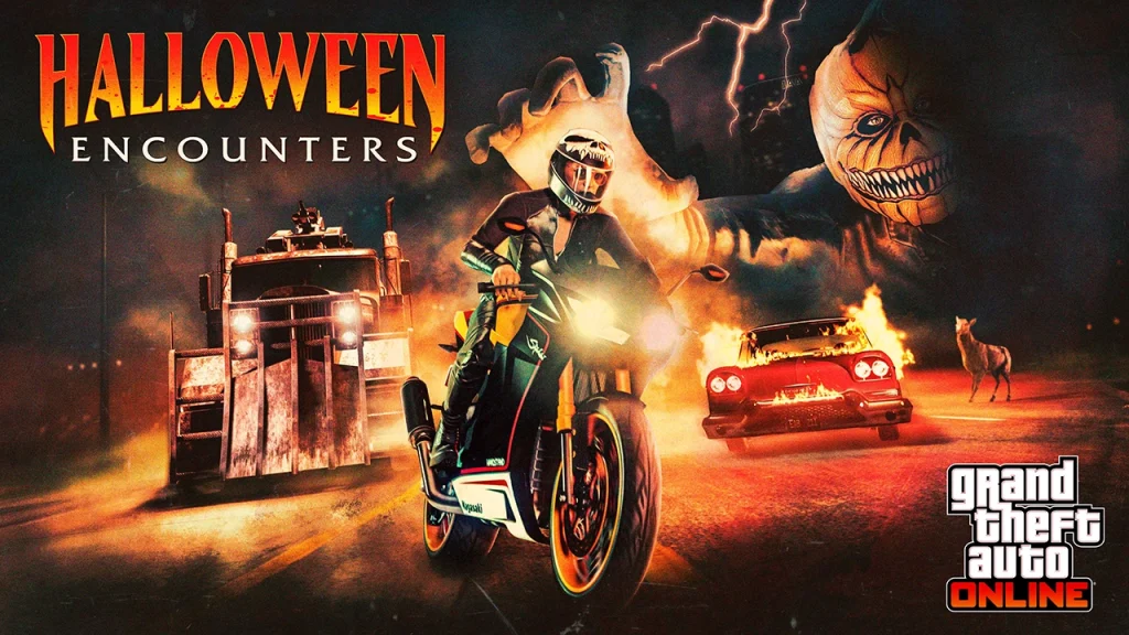 GTA Online Event Week: Halloween Event Returns (October 1st-7th) GTA Online Halloween Encounters event artwork featuring a player riding a Shitzu Hakuchou Drag motorcycle away from a giant pumpkin-headed monster, a heavily armored Cerberus semi-truck, a flaming Declasse Tornado Christine car, a deer, lightning, and logos reading "Halloween Encounters" and "Grand Theft Auto Online".