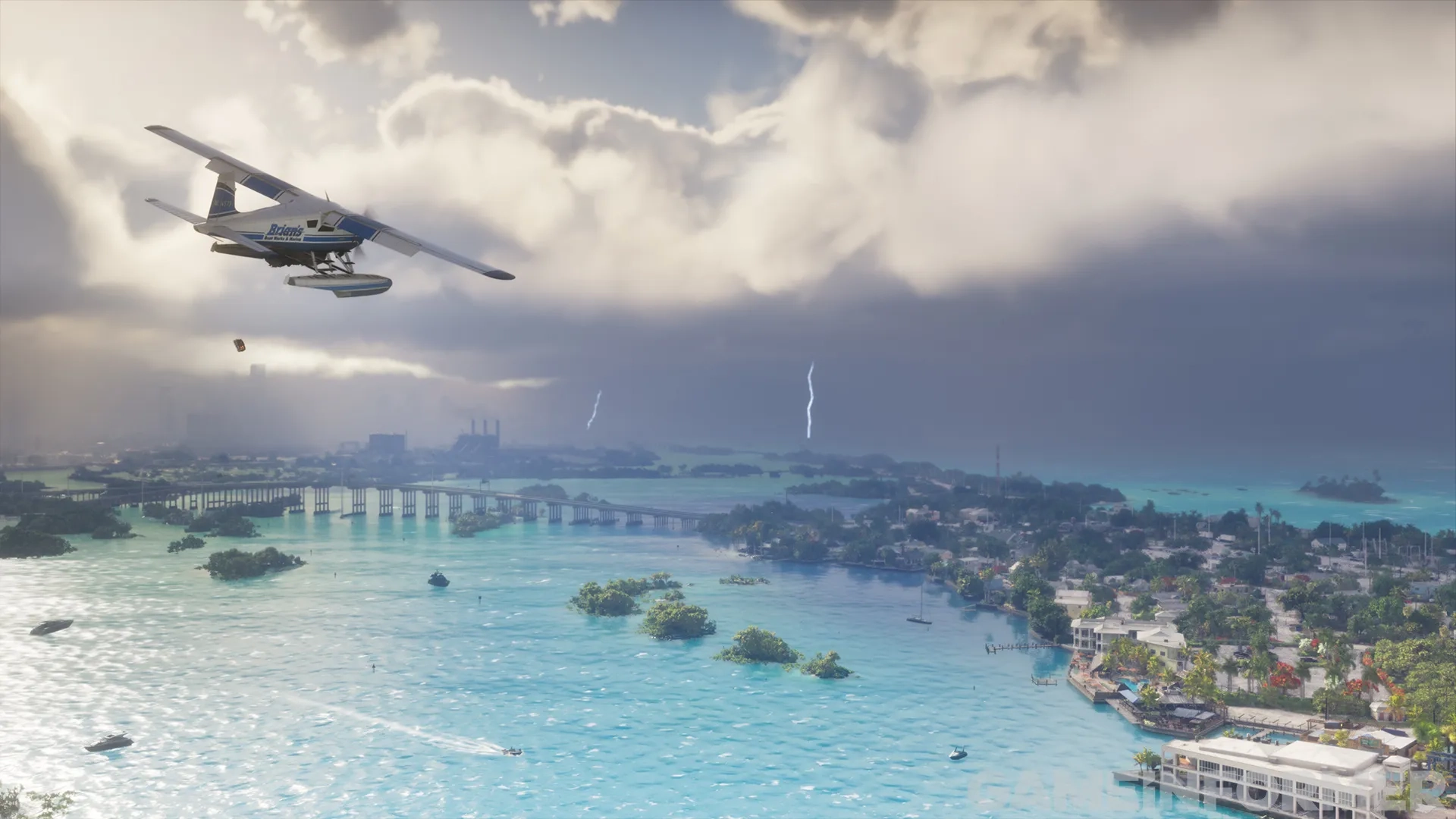 Aerial view of a Dodo seaplane flying over the tropical islands and ocean waters of Vice City in Grand Theft Auto VI during a thunderstorm.   