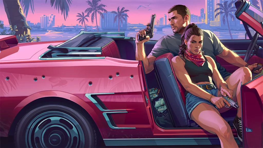 New GTA 6 Details To Be Revealed In Game Informer Cover Story Official GTA 6 artwork from game informer featuring dual protagonists Lucia and Jason inside a bullet-riddled red convertible sports car in Vice City. Lucia sits in the passenger door frame wearing denim shorts and a red bandana, holding a pistol, while Jason holds a handgun from behind the wheel against a tropical sunset background.