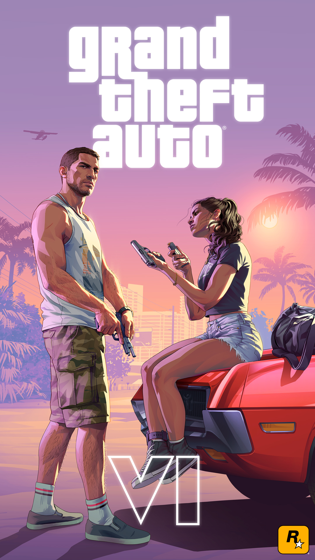 Official artwork from Grand Theft Auto VI featuring protagonists Jason and Lucia. Lucia is sitting on the hood of a red car with bullet holes, holding a handgun and a magazine, while Jason stands nearby holding a firearm, against a tropical sunset background with palm trees and a seaplane flying overhead.