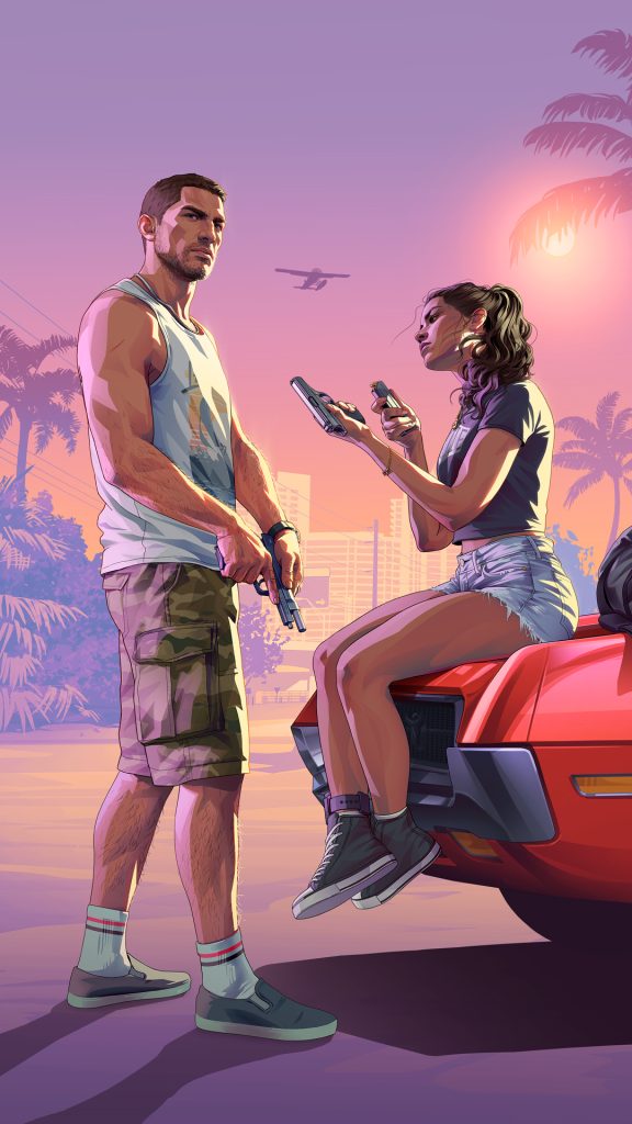 Official artwork from Grand Theft Auto VI featuring protagonists Jason and Lucia. Lucia is sitting on the hood of a red car with bullet holes, holding a handgun and a magazine, while Jason stands nearby holding a firearm, against a tropical sunset background with palm trees and a seaplane flying overhead.   