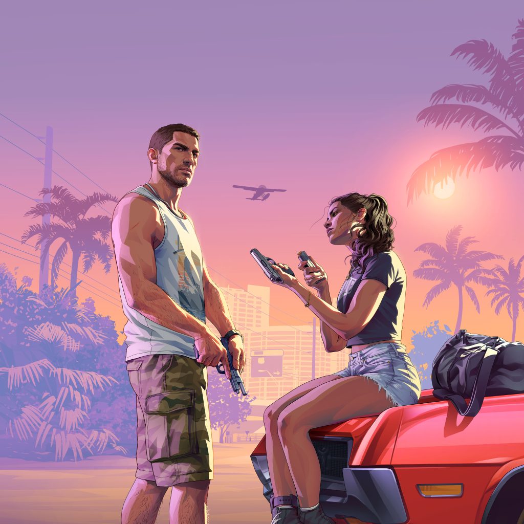Official artwork from Grand Theft Auto VI featuring protagonists Jason and Lucia. Lucia is sitting on the hood of a red car with bullet holes, holding a handgun and a magazine, while Jason stands nearby holding a firearm, against a tropical sunset background with palm trees and a seaplane flying overhead.   