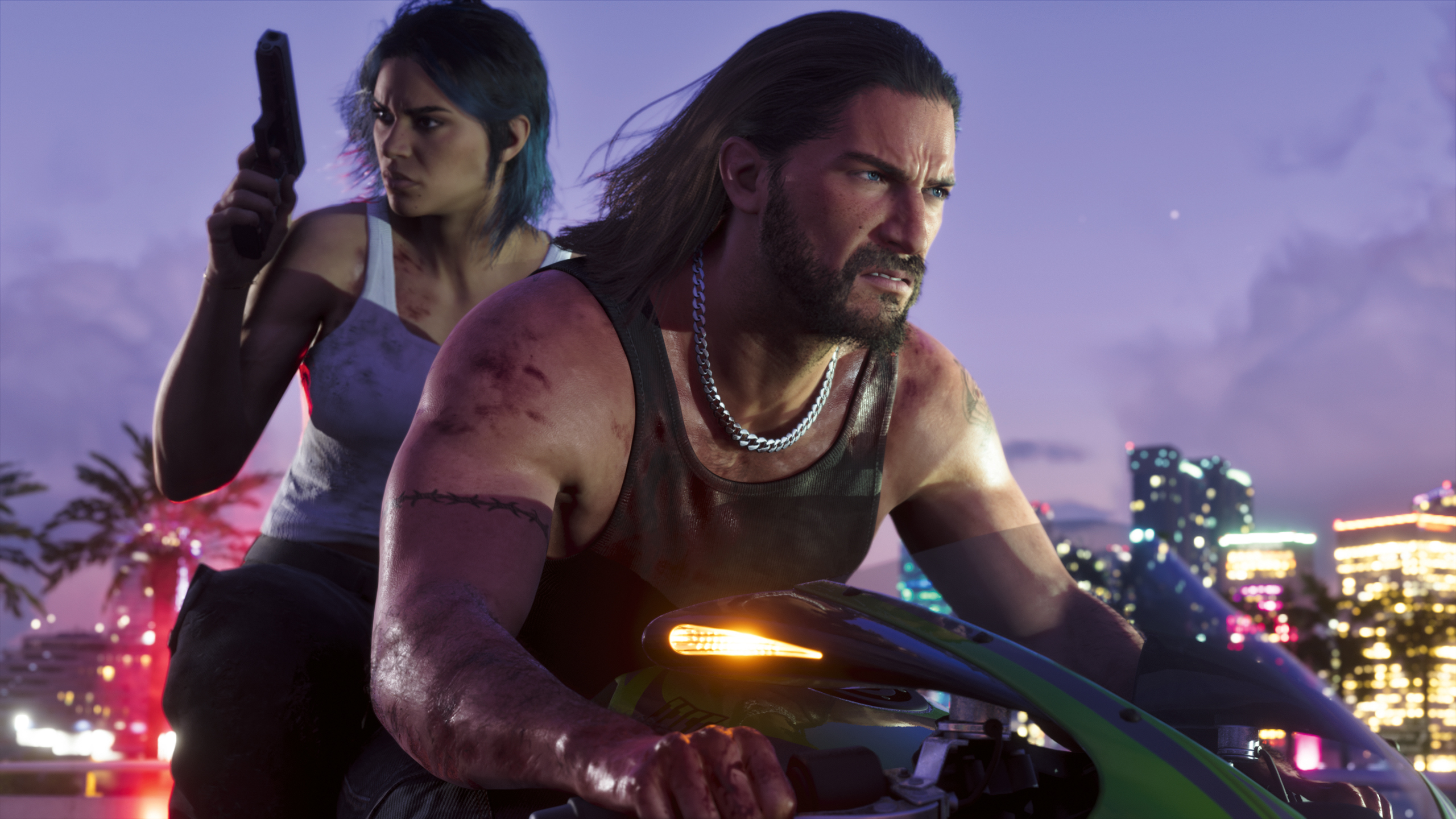 Jason riding a green motorcycle with Lucia holding a handgun on the back seat at dusk in GTA VI.