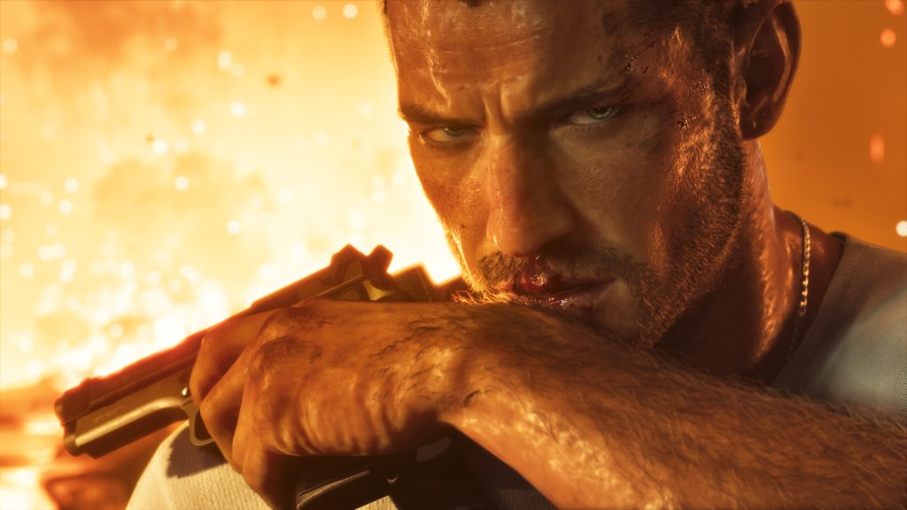 Jason holding a pistol with an intense expression against a fiery background in Grand Theft Auto VI.