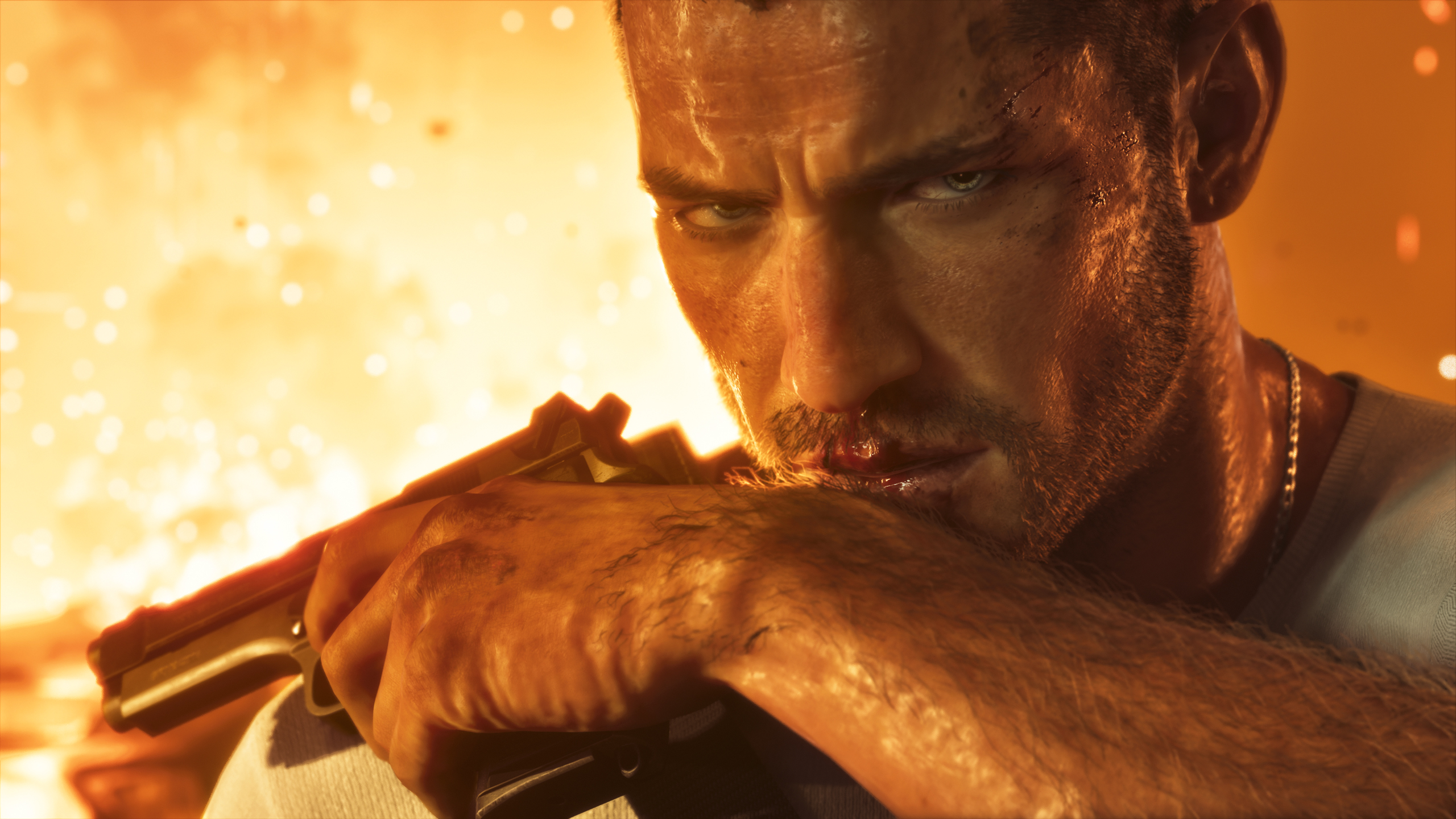 Jason holding a pistol with an intense expression against a fiery background in Grand Theft Auto VI.