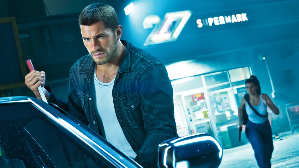 12 New GTA 6 Screenshots Released Jason wielding a tool to pry open a car door while Lucia runs from a 24/7 Supermarket in Grand Theft Auto VI.