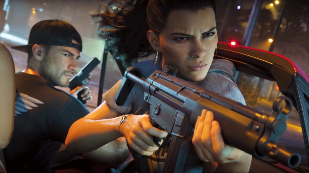 Lucia aiming a submachine gun out of a car window alongside Jason holding a pistol in Grand Theft Auto 6.