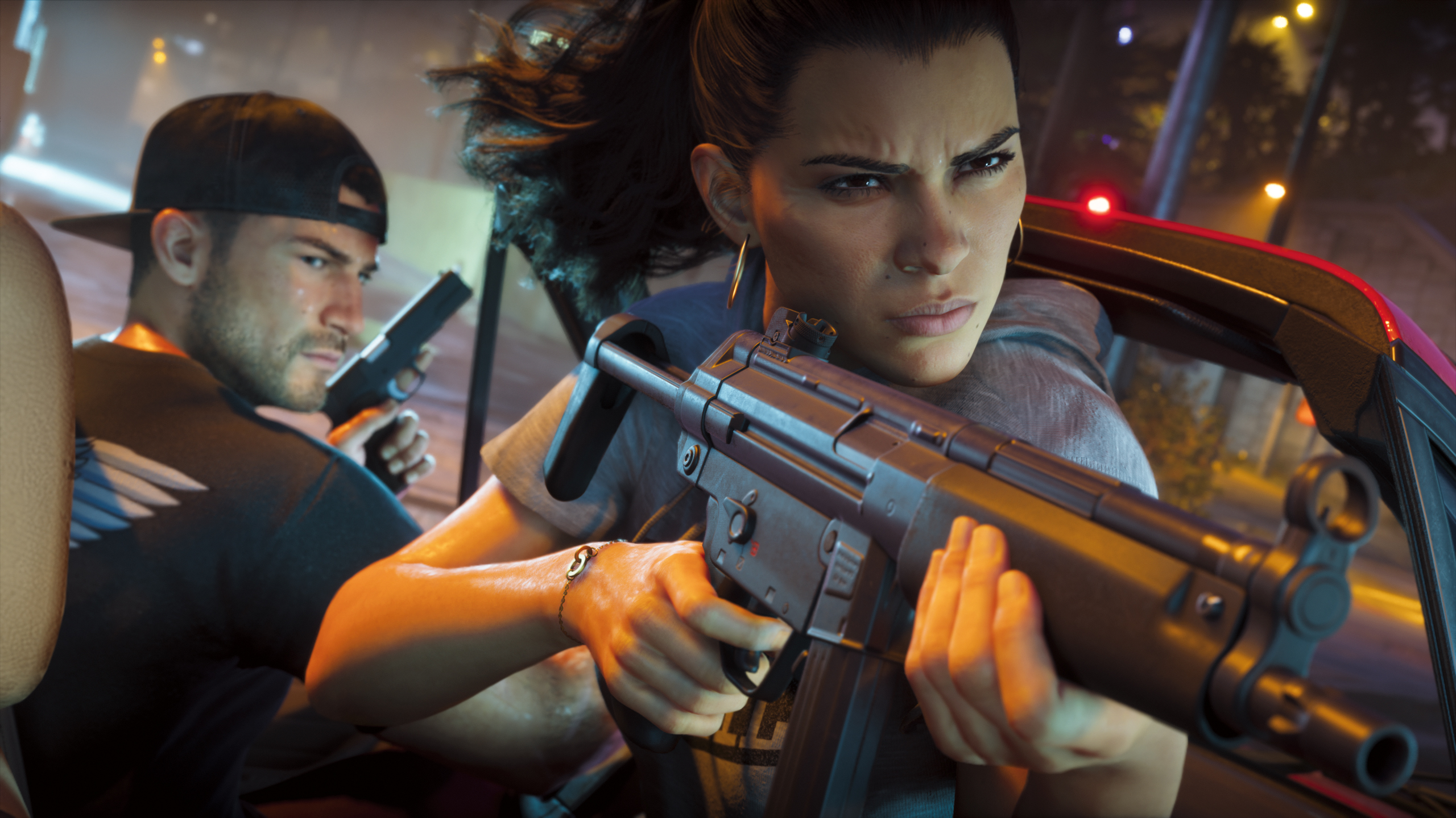 Lucia aiming a submachine gun out of a car window alongside Jason holding a pistol in Grand Theft Auto 6.