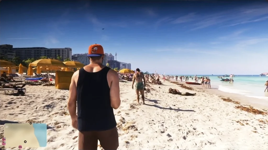 A gta 6 gameplay screenshot from south park showing Jason on Vice City beach.