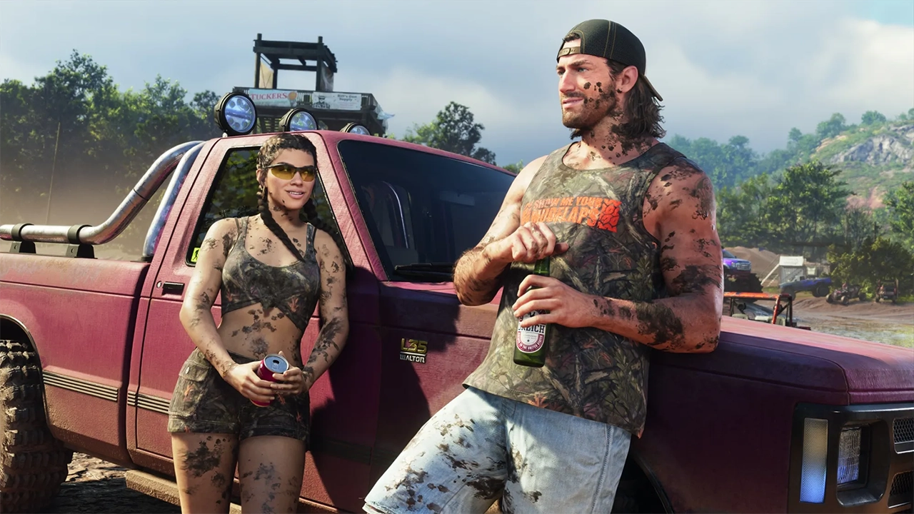 Jason and Lucia posing in front of truck