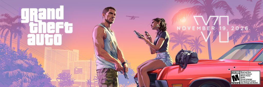 Official artwork from Grand Theft Auto VI featuring protagonists Jason and Lucia. Lucia is sitting on the hood of a red car with bullet holes, holding a handgun and a magazine, while Jason stands nearby holding a firearm, against a tropical sunset background with palm trees and a seaplane flying overhead.